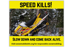 This 940 pixel x 788 pxel social-media meme warns of the danger of snowmobiling at excessive speed.