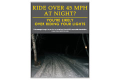 Vertical Poster of Snowmobilers and text ‘Ride Over 45 MPH at Night. You're Likely Over Riding Your Lights'
