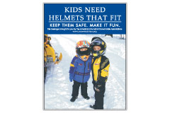 Vertical Poster of Snowmobilers and text ‘Kids Need Helmets That Fit. Keep Them Safe. Make it Fun.'