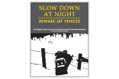 Vertical Poster of Snowmobilers and text ‘Slow Down at Night. Beware of Fences'