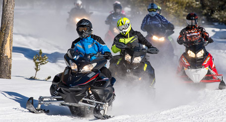 Snowmobilers riding along trail through wilderness